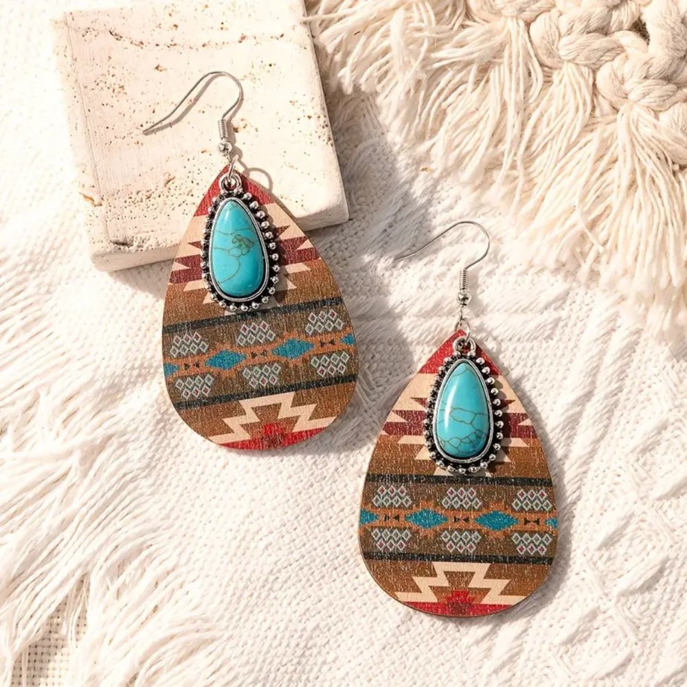 Boho Southwestern Turquoise & Tribal Aztec Wood Teardrop Dangle Earrings NEW - Picture 1 of 9